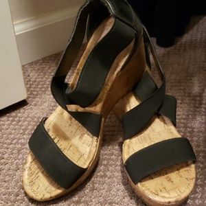 Black cork heel wedges